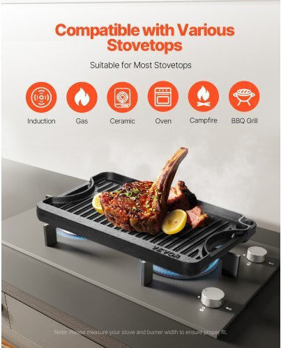Vevor Fontă Grătar de Gătit Non-Stick - Antiaderent 35.56cmx21.59cmcm.