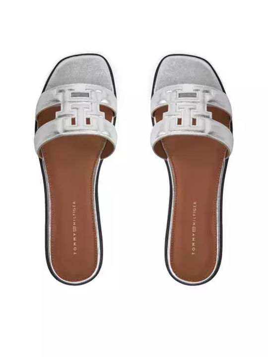Leather Women's Flat Sandals in Silver Color