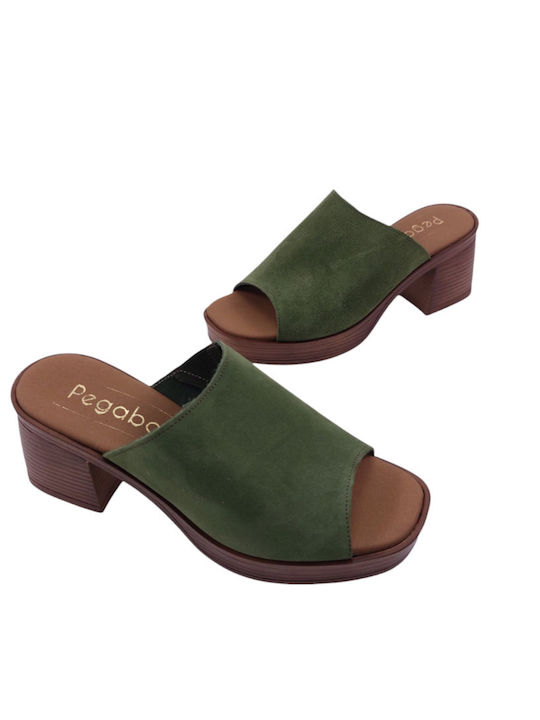 Leather Mules with Heel in Green Color
