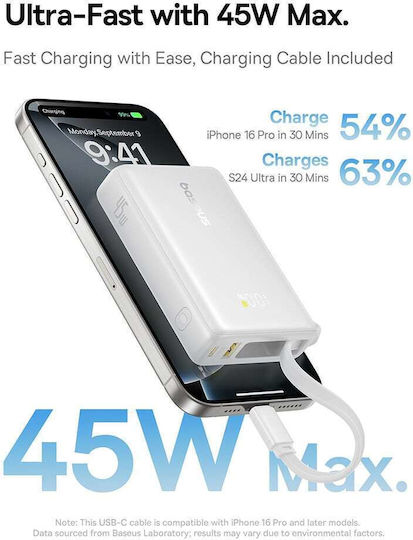 Baseus PicoGo Power Bank 10000mAh 45W με Θύρα USB-C Λευκό