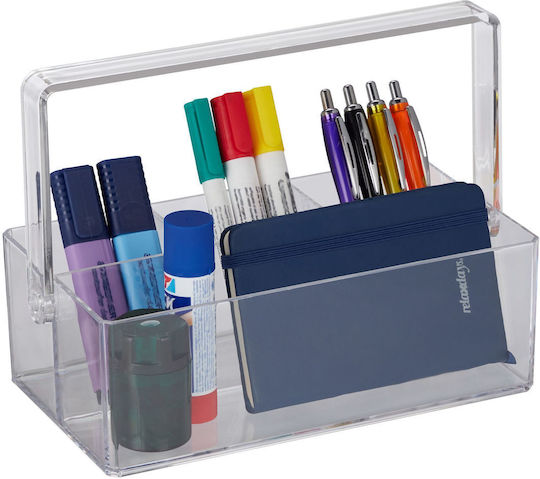 Organizator birou 4 compartimente cu mâner din plastic transparent 18.5 X 25.5 X 13.5 cm