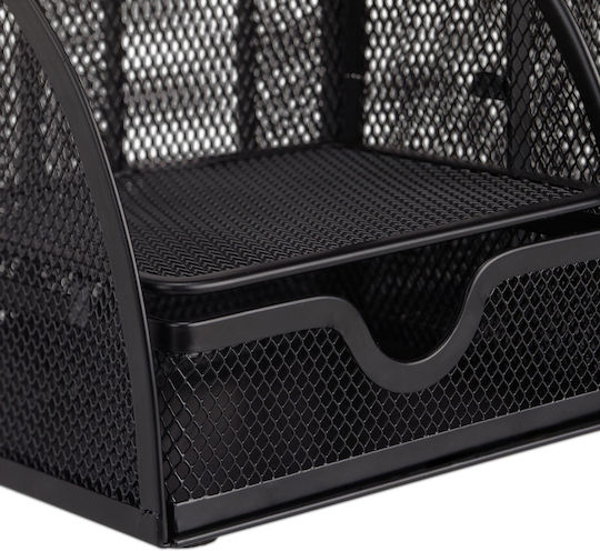Organizator de birou metalic cu 6 compartimente și sertar, negru, 12.5 x 27.5 x 14 cm