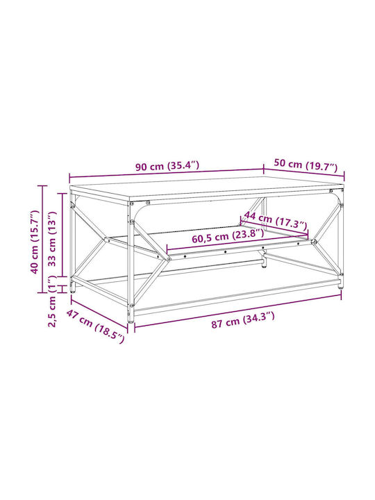 Rectangular Central Coffee Table Made of Solid Wood Brown W90xD50xH40cm