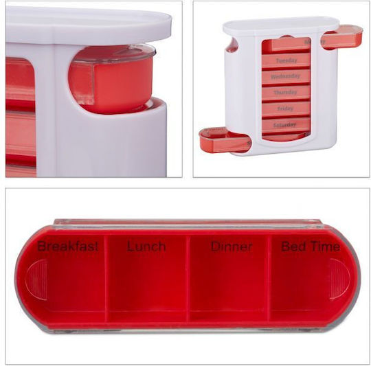 Organizator drăguț de pastile săptămânal de la Relaxdays, recipiente detașabile, 4 compartimente, alb roșu, 13 x 11.5 x 4.5 cm