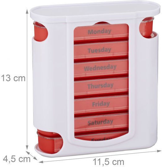 Organizator drăguț de pastile săptămânal de la Relaxdays, recipiente detașabile, 4 compartimente, alb roșu, 13 x 11.5 x 4.5 cm