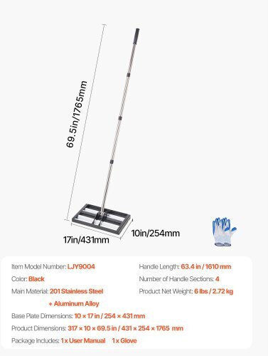Vevor Ράβδος Εξομάλυνσης Γκαζόν 17x10in Ρυθμιζόμενη Λαβή 63.4in Κήπο Cppzpekglk10stlejv0