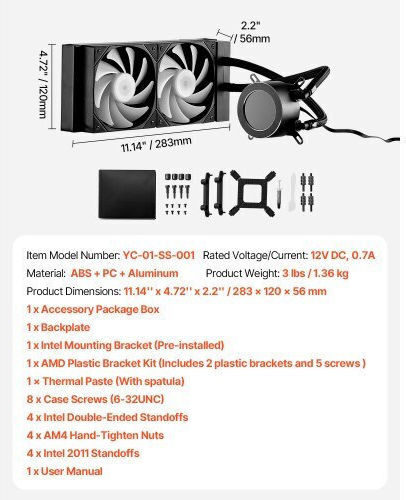Vevor CPULQFSSLDPB56R3VV9 Water Cooling AIO CPU With 2 Fans 120mm And ARGB Lighting