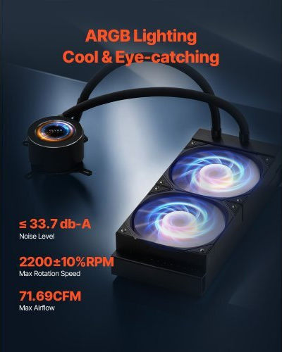 Vevor CPULQFSSLDPB56R3VV9 Water Cooling AIO CPU With 2 Fans 120mm And ARGB Lighting