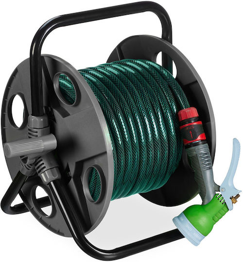 Hose Reel Relaxdays Handle Rolling Metal Frame Dark Gray Black