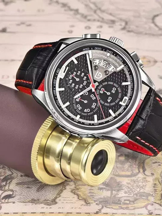 Pagani Design Мъжки часовник Хронограф На батерия с Черна Кожена Каишка PD-3306-Черен-Черен