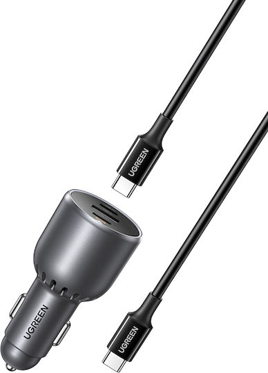 Ugreen Auto-Ladegerät 130W Schnellladung mit Anschlüssen: 2xUSB 2xType-C mit Kabel Typ-C,TC-TC Gray Farbe