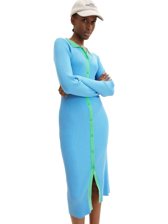 Midi Knitted Shirt Dress with Tearing Light Blue