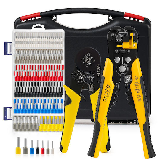 Onuvio Electric Cable Crimping Kit Ferrules Automatic Stripping Tool Crimping Tool 4 Self-adjusting Jaws Automatic Return 0.25-10mm 1900 Terminal Pins Carrying Case