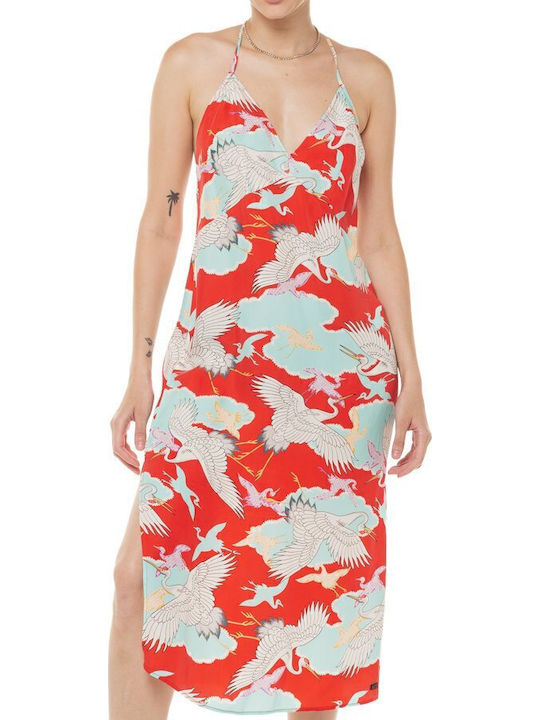 Summer Midi Slip Dress with Tearing Red