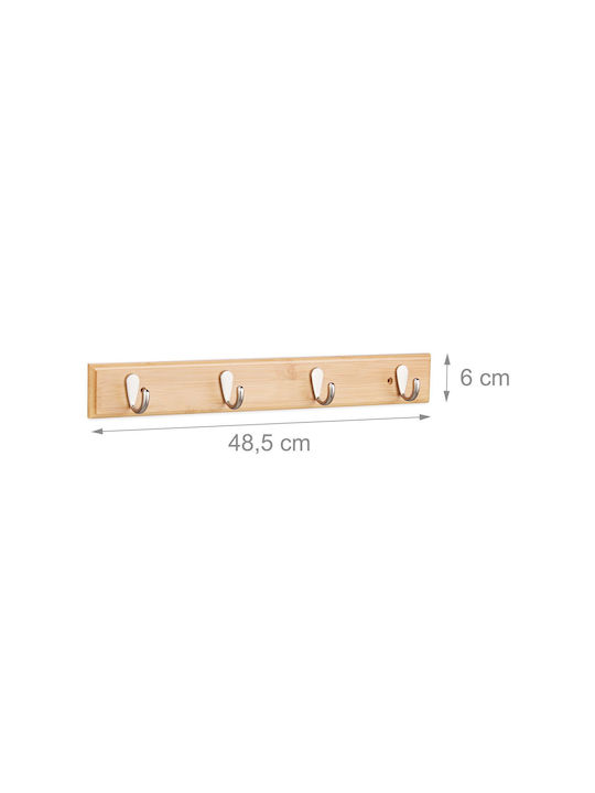Cuier de perete cu 4 cârlige din bambus Dimensiuni 6 X 48,5 X 5 Cm Relaxdays
