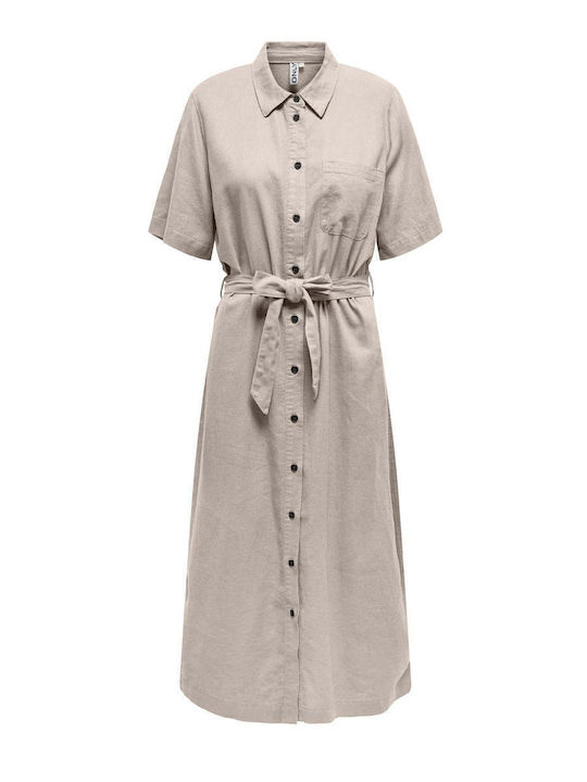 Sommer Midi Hemdkleid Kurzärmelig Beiges