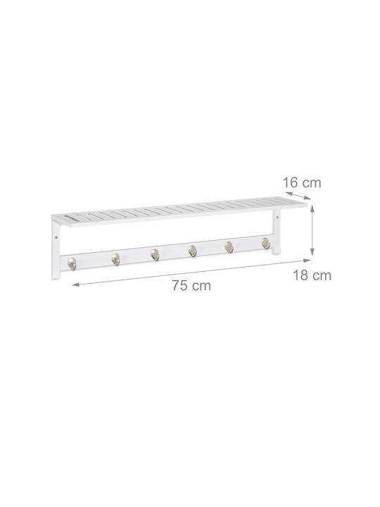Raft cuier de perete 6 cârlige bambus metal dimensiuni 18 x 75 x 16 cm alb Relaxdays