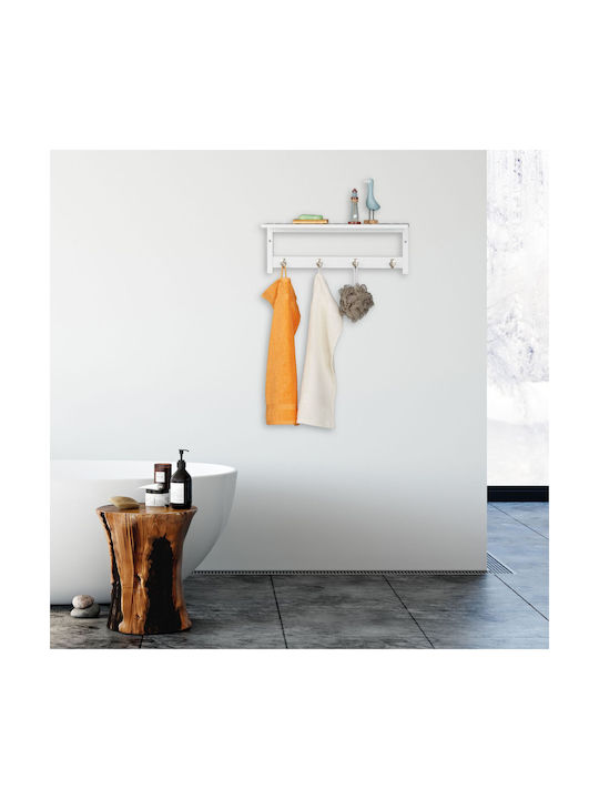 Wall Shelf Hallway 4 Hooks Relaxdays White Made Bamboo 17.5 X 50 X 16 Cm