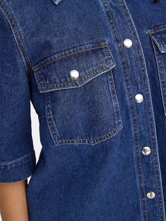 Summer Mini Shirt Dress Denim Dark Blue Denim