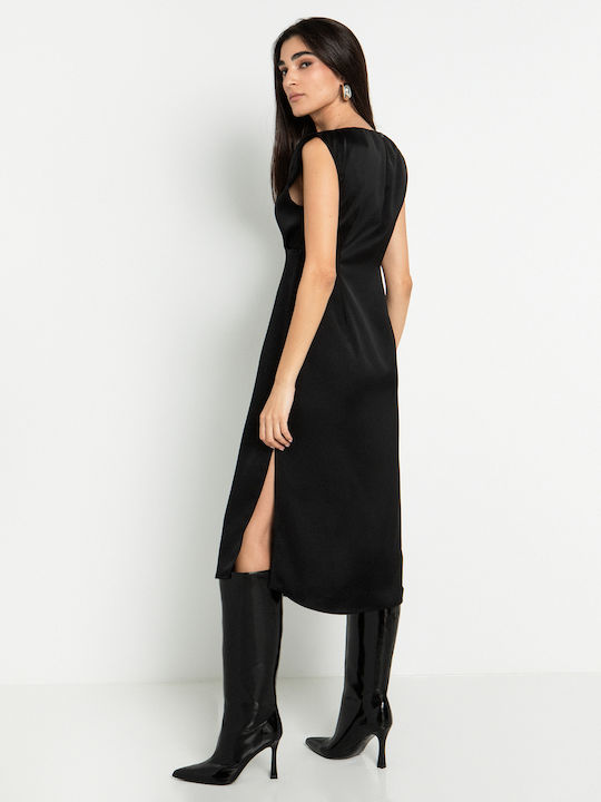 Summer Midi Evening Satin Drape Dress with Tearing Black