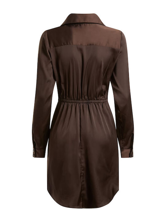 Alya Mini Evening Shirt Dress Satin Wrap Dark Brown