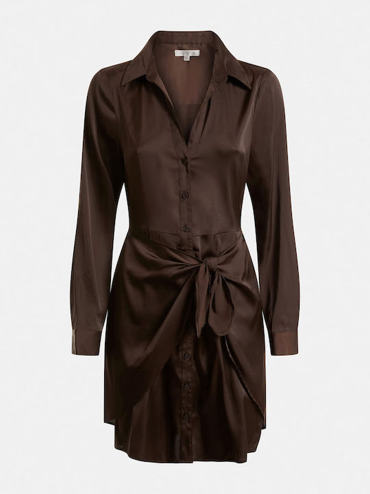 Alya Mini Evening Shirt Dress Satin Wrap Dark Brown