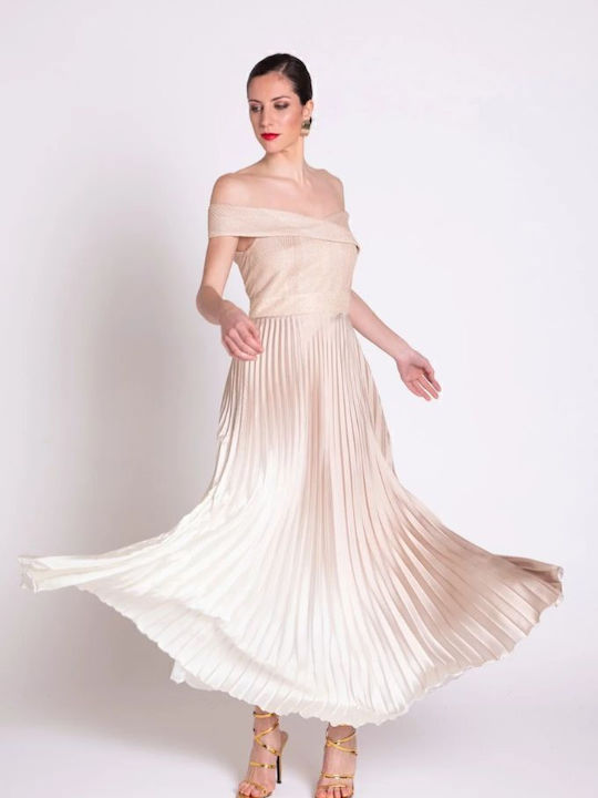 Καλοκαιρινό Maxi Φόρεμα για Γάμο / Βάπτιση Off-Shoulder Χρυσό