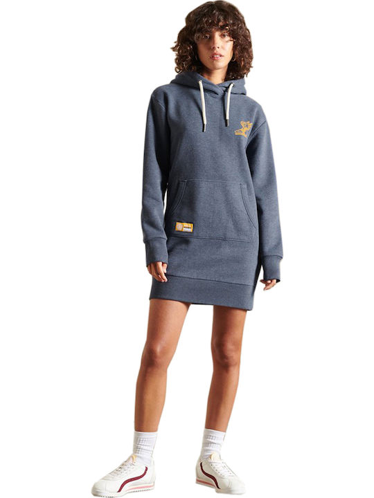 Mini Sportliches Damenkleid Langärmelig mit Kapuze Blau