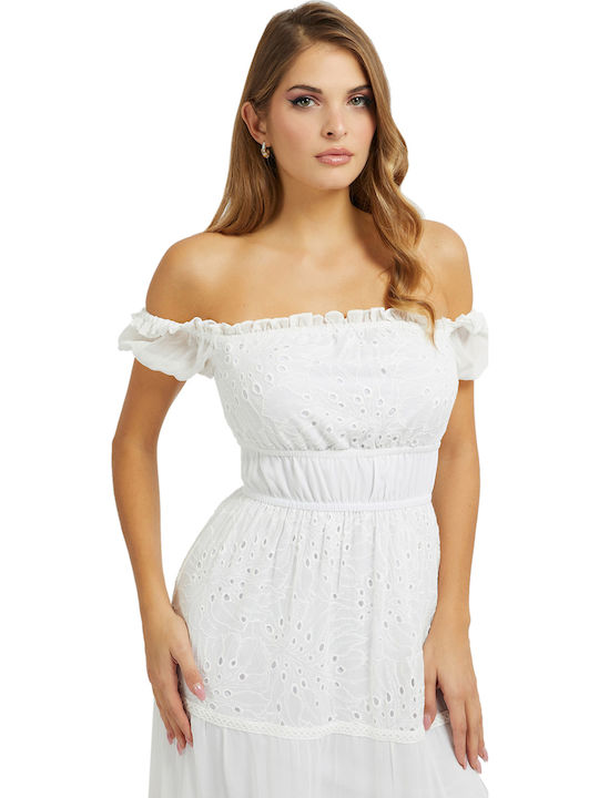Zena Summer Maxi Dress for Wedding Christening Off-Shoulder with Lace White