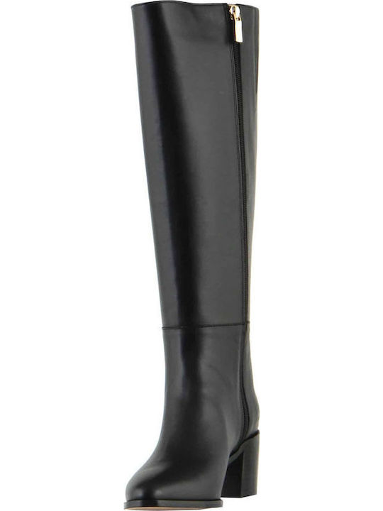 Leder Damenstiefel mit mittlerem Absatz Schwarz