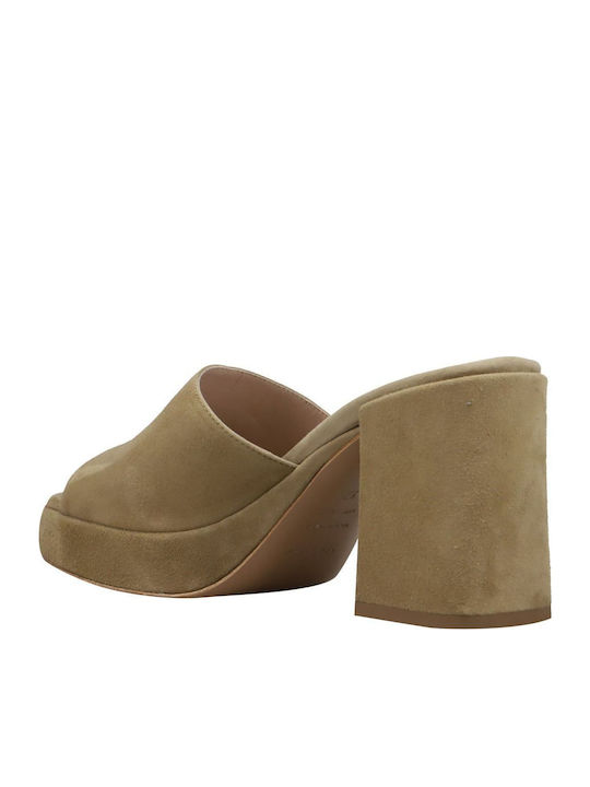 Suede Mules με Χοντρό Ψηλό Τακούνι σε Χακί Χρώμα
