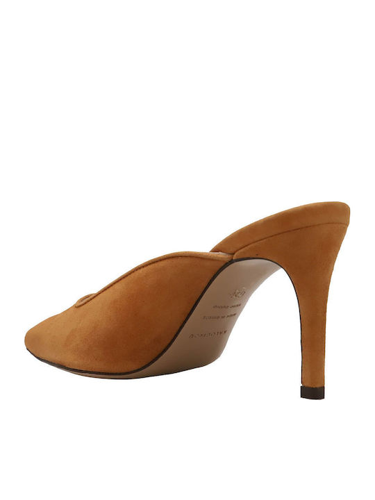 Suede Mules με Ψηλό Τακούνι σε Ταμπά Χρώμα
