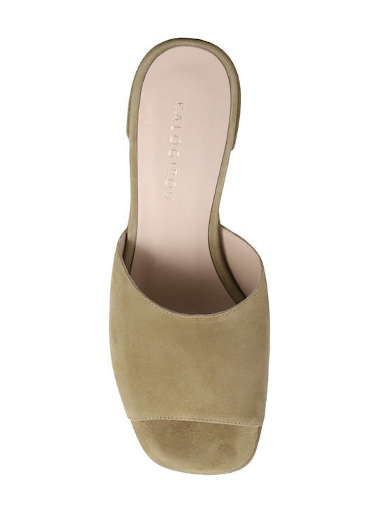 Suede Mules με Χοντρό Ψηλό Τακούνι σε Χακί Χρώμα