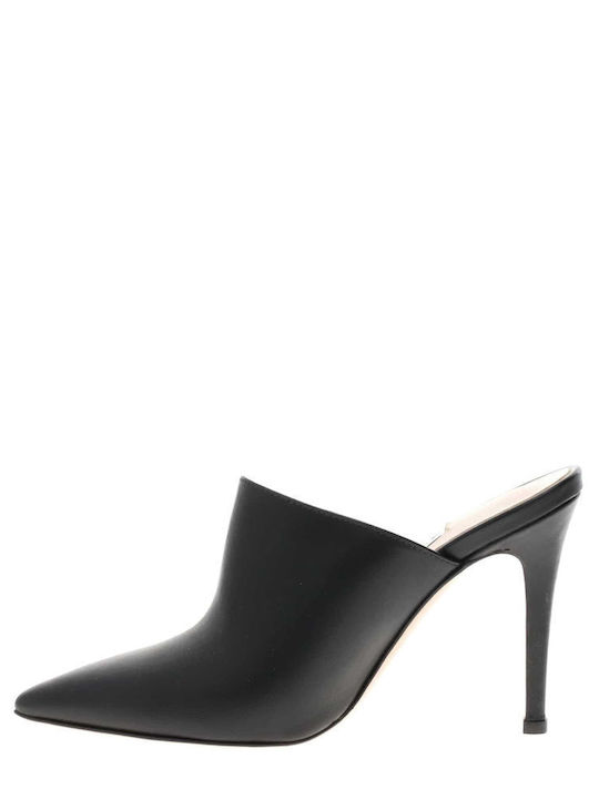 Leather Mules with High Heel in Black Color