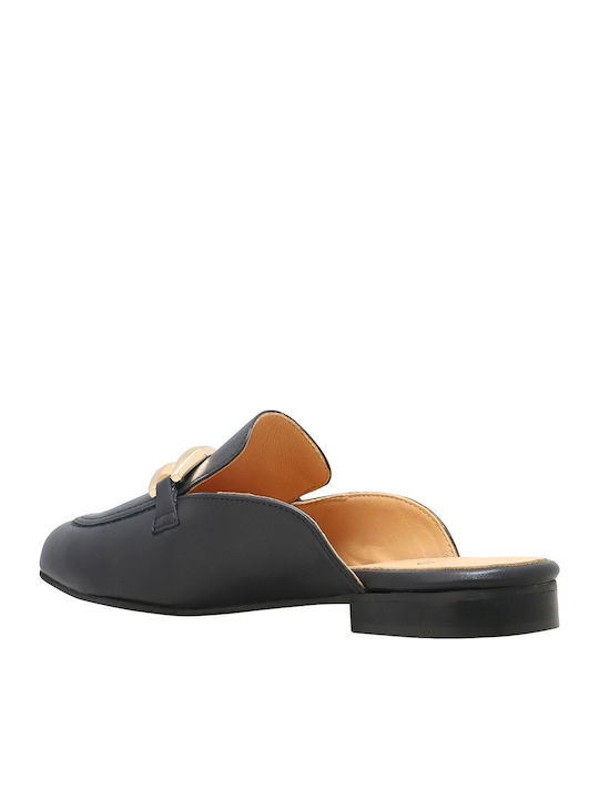 Flat Leather Mules in Black Color