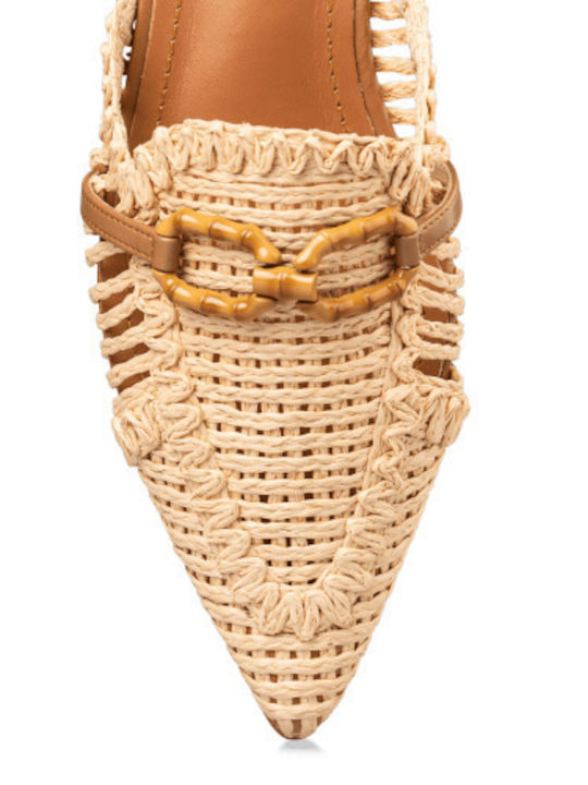 Leather Mules with Heel in Beige Color