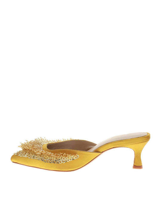 Satin Mules with Low Heel in Yellow Color