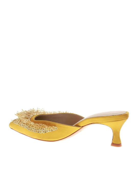 Satin Mules with Low Heel in Yellow Color