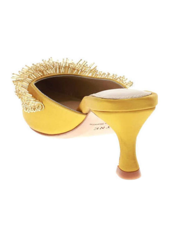 Satin Mules with Low Heel in Yellow Color