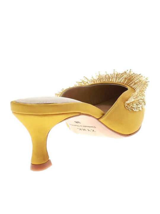 Satin Mules with Low Heel in Yellow Color
