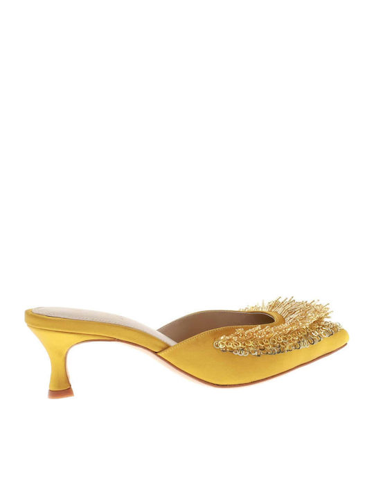 Satin Mules with Low Heel in Yellow Color