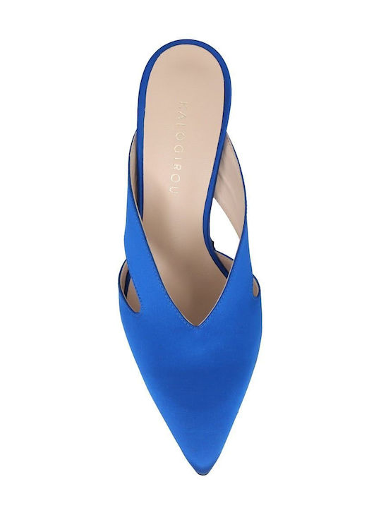 Satin Mules mit Hoch Absatz in Blau Farbe