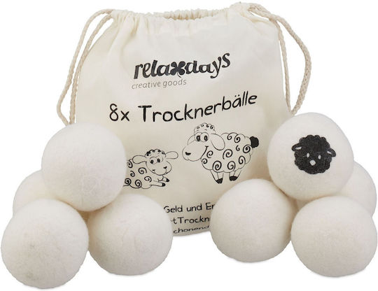 Set aus 8 Wolltrocknerbällen Trockner Waschmaschine Relaxdays Antistatik-Effekt Wiederverwendbar Aufbewahrungstasche Weiß