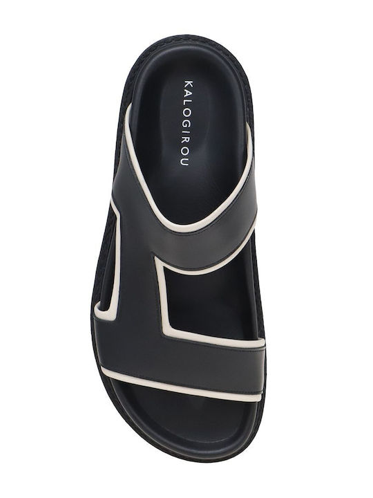 Leather Women's Flat Sandals in Black Color