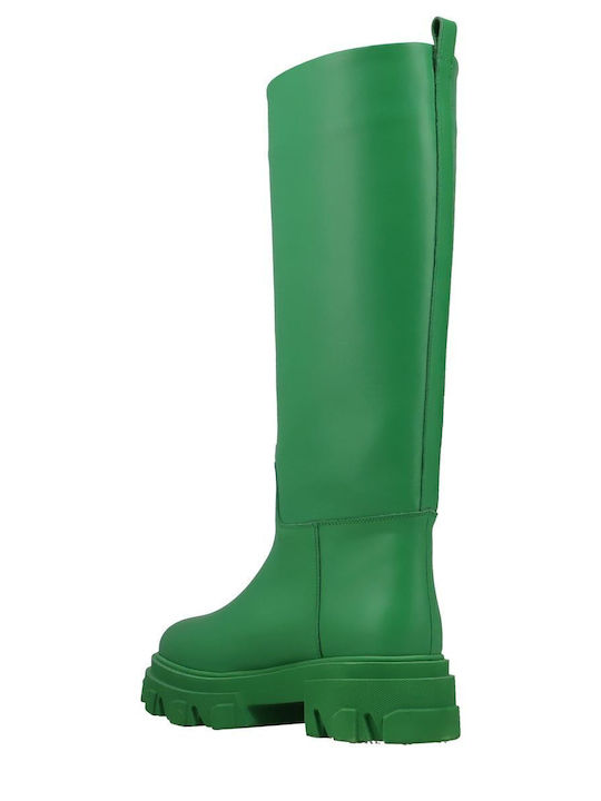 Leather Medium Heel Women's Boots Green