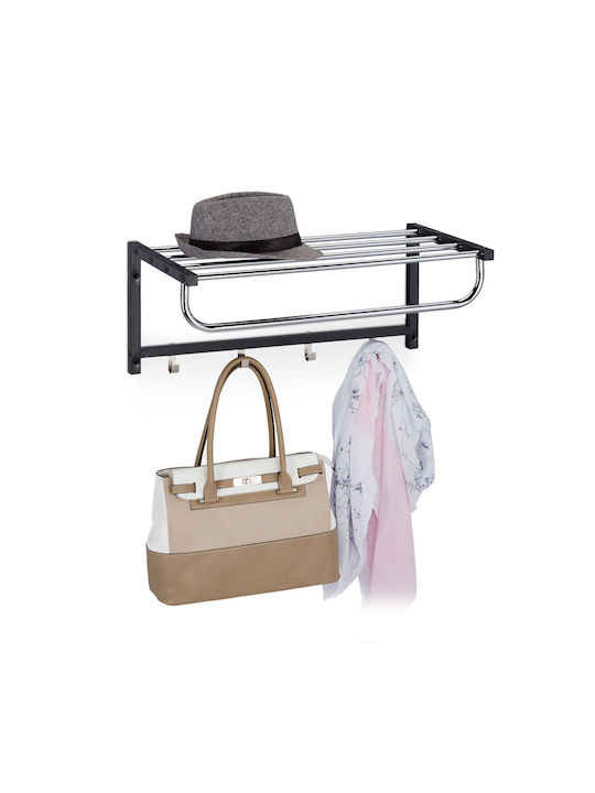Cuier de Perete cu Raft 4 Cârlige din Oțel Dimensiuni 25 X 60 X 32.5 Cm Negru Argintiu Relaxdays