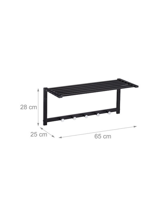 Cuier de perete cu raft, 5 cârlige, din oțel, dimensiuni 28 x 65 x 25 cm, negru, Relaxdays