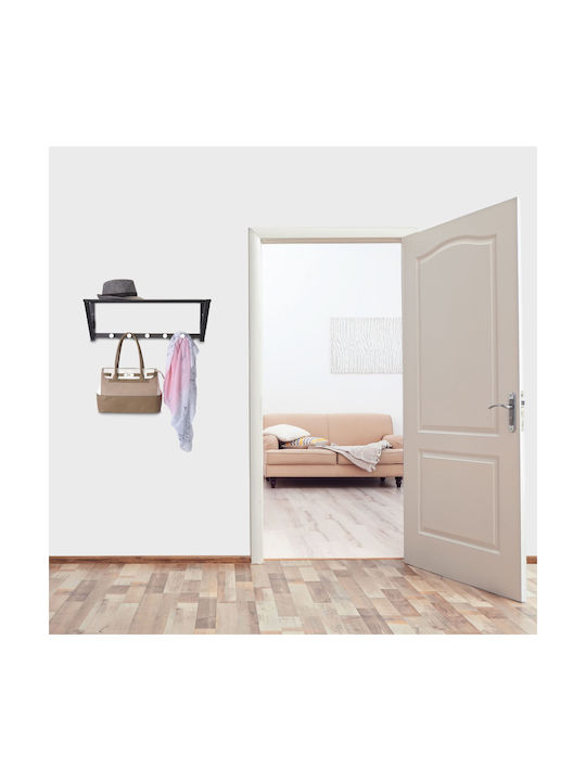 Cuier de Perete cu Raft 5 Cârlige din Oțel Dimensiuni 23 X 65 X 25 Cm Negru Relaxdays