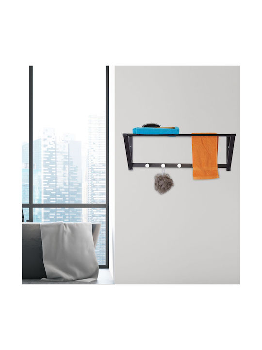 Cuier de Perete cu Raft 5 Cârlige din Oțel Dimensiuni 23 X 65 X 25 Cm Negru Relaxdays