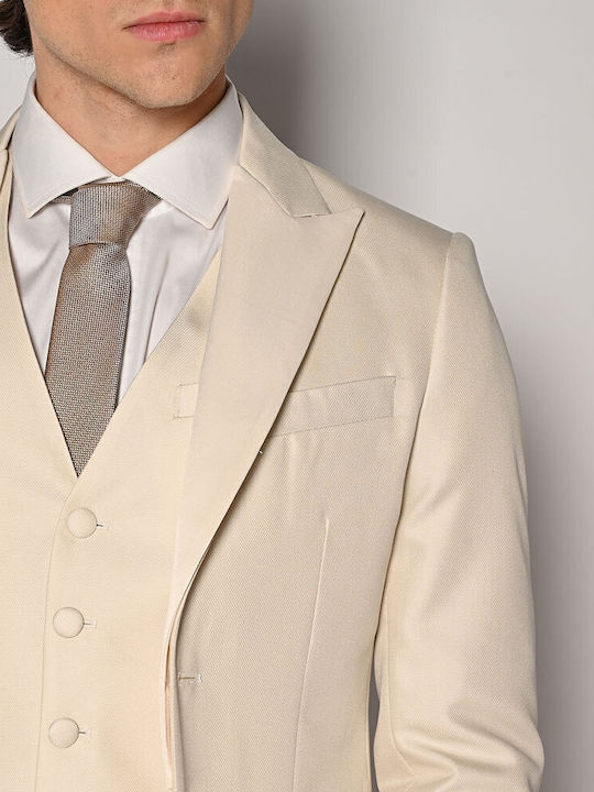 Men's Suit with Vest Slim Fit Ecru